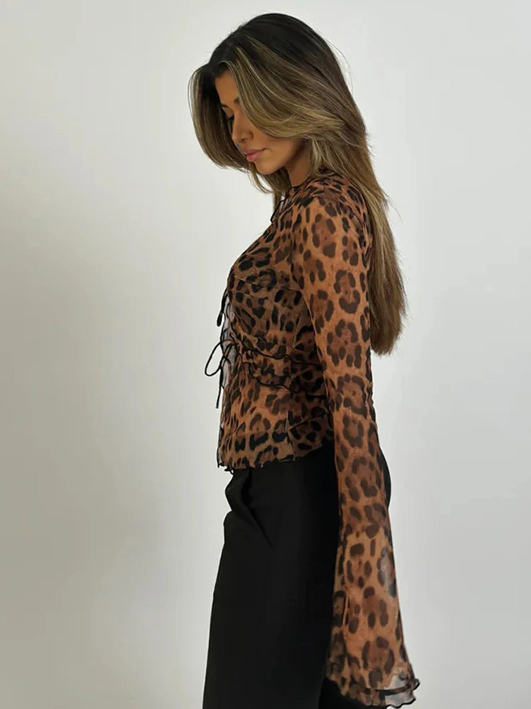 Leopard Chiffon Shirts Flared Sleeve Sheer Mesh Leopard Blouse Top Laceup V Neck Long Sleeve Summer New