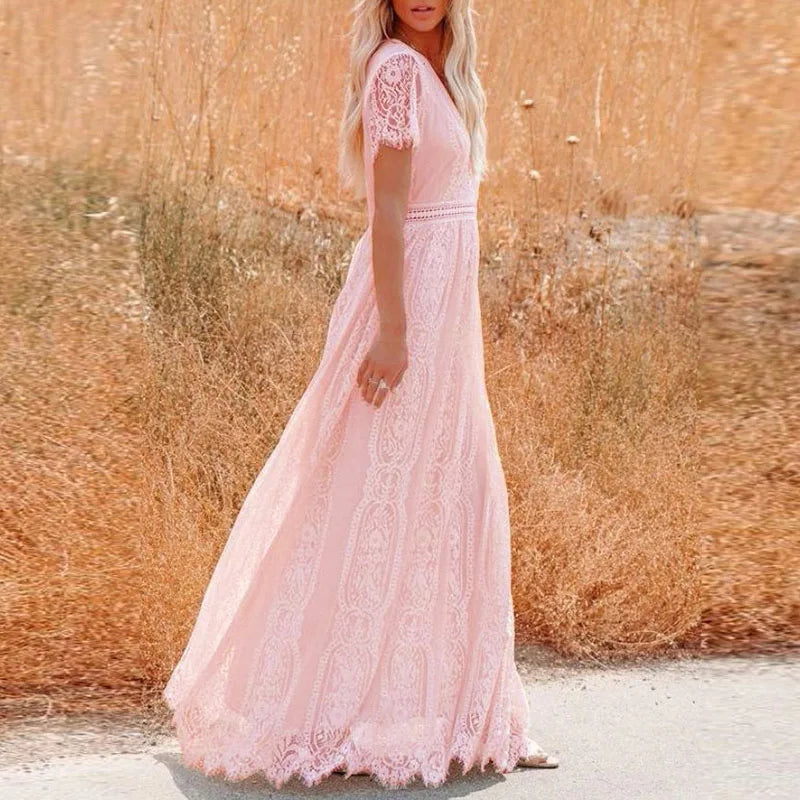 Jacquard Embroidery Lace Party Dress Spring Vneck High Waist Long Dress Summer Short Sleeve Loose Maxi Dress