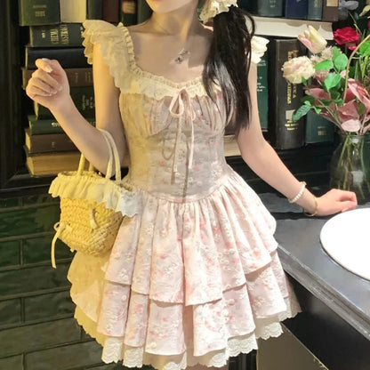 Flying Sleeve Sweet Mini Dresses Square Neck Ruffles Spring Summer Dress Korean Vestidos Mujer
