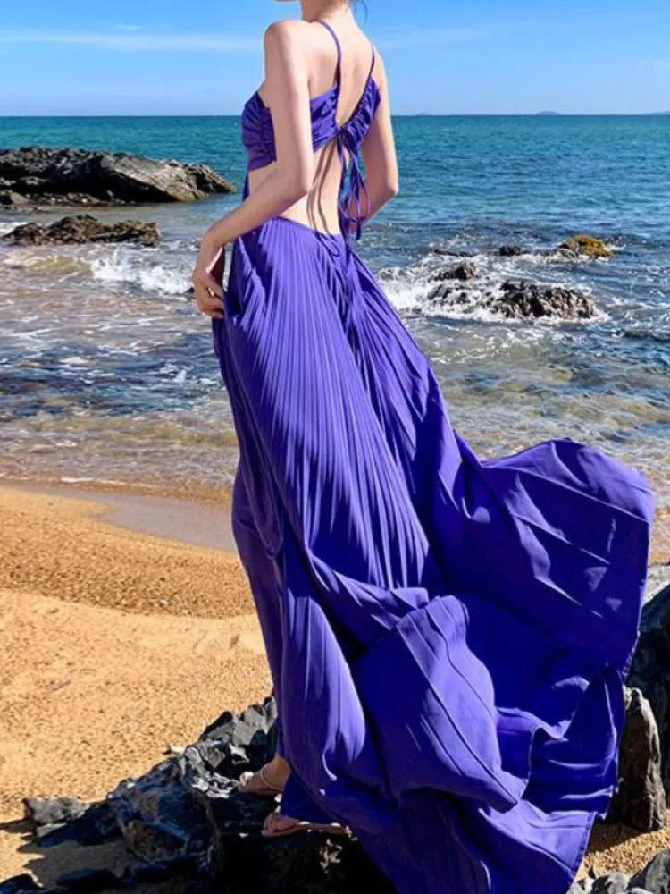 Purple Halter Bandage Long Dresses High Waist Hollowed Out Pleated Evening Party Summer Backless Vacation Sundress