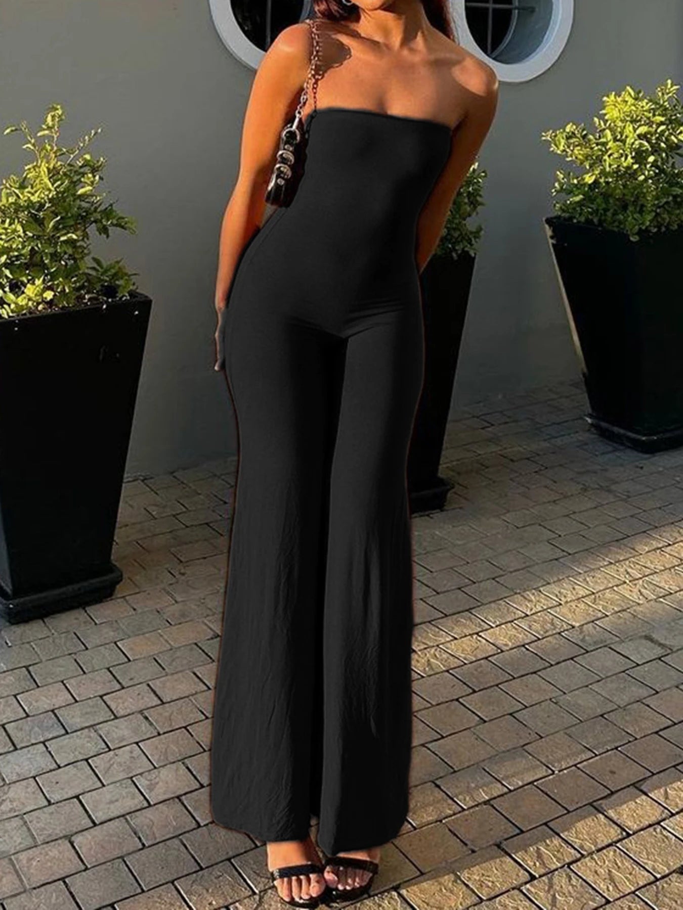 Black Strapless Long Jumpsuits for Slim Wide Leg Flared Rompers Simple Vacation Overalls