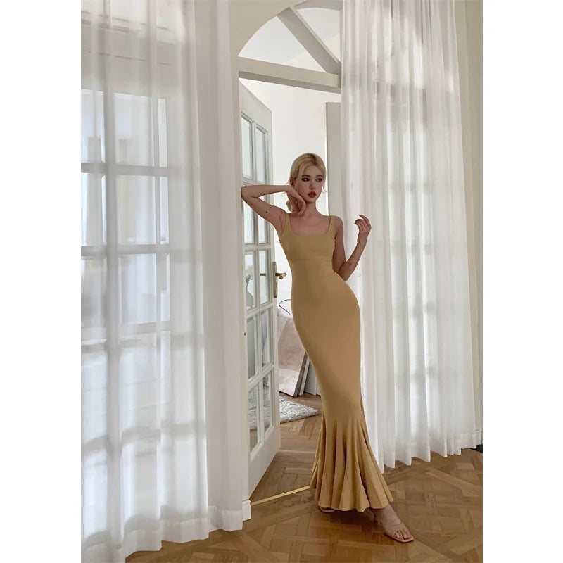 Summer Office Lady Bodycon Trumpet Long Dress French Y2k Dress Korean Retro Clothing