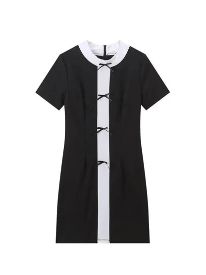 Summer Dresses Woman White Black Oneck Short Sleeves Bow Decorate Zipper Female Mini Dress