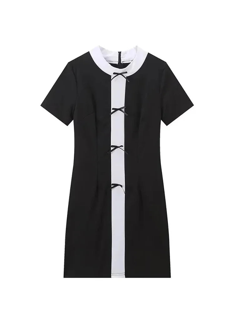 Summer Dresses Woman White Black Oneck Short Sleeves Bow Decorate Zipper Female Mini Dress