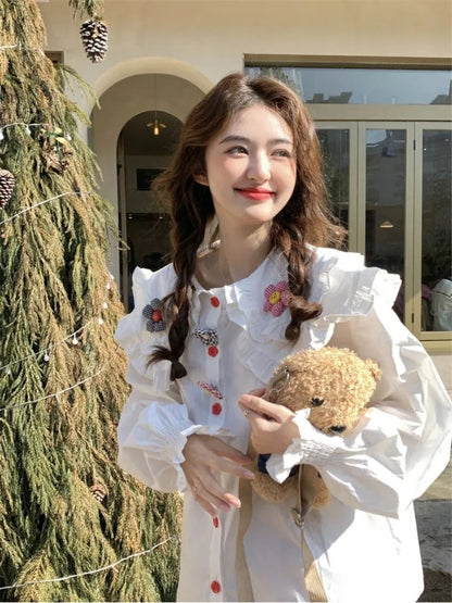 Sweet Clothing Korean Shirts Peter Pan Collar 3d Flower Tops Spring Blouse
