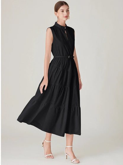 Simple Long Dress for Sleeveless Pearls Stand Collar Belt Ruffles Evening Wedding Party Vacation Vestidos