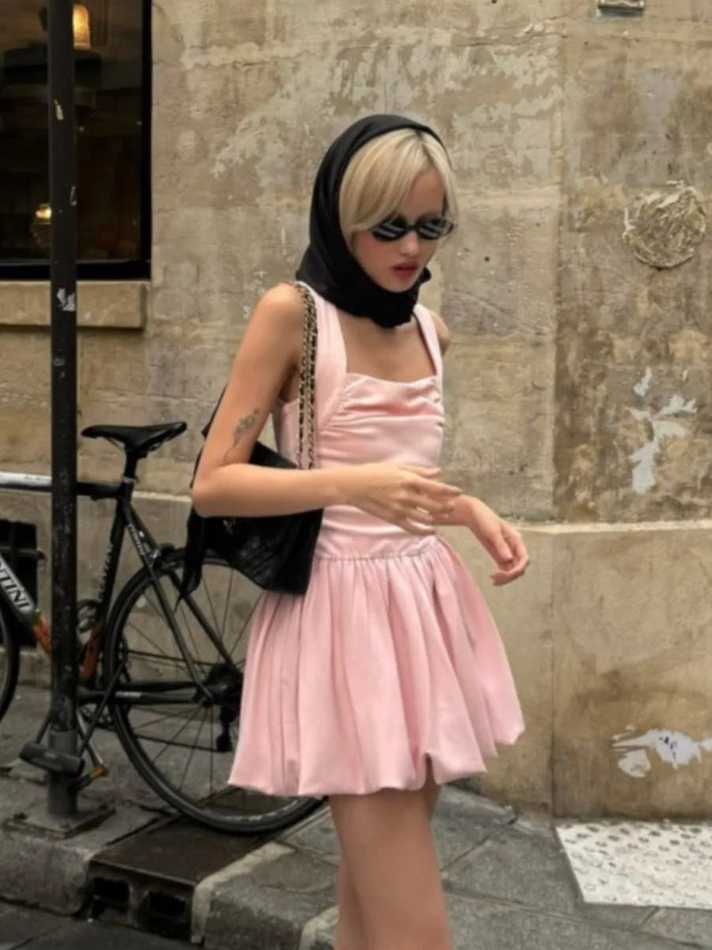 Spring New Pink Sweet Mini Dress Square Collar Sleeveless Short A-line Vestidos Female Dresses