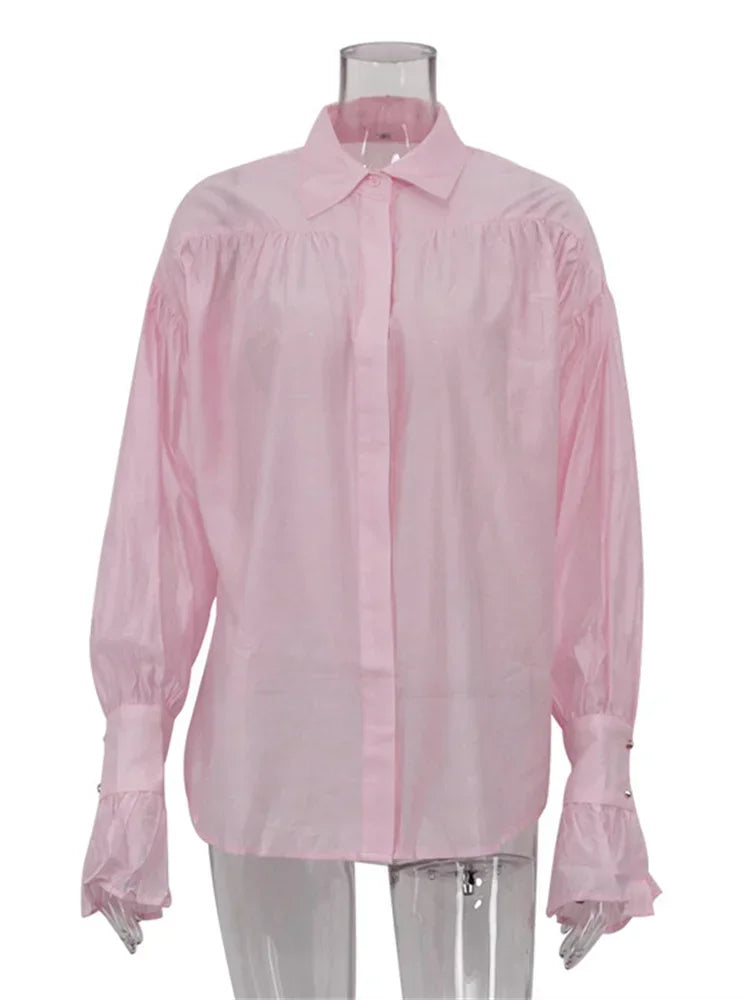 Loose See-through Shirts ’s Autumn Lapel Long Sleeve Patchwork Blouse Top Female Shirts Top