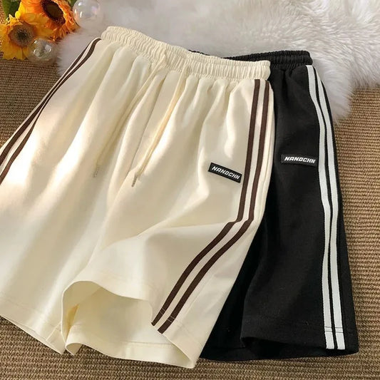 Striped Shorts Summer Loose Wide Leg Shorts Korean Elastic Waist Sports Shorts Bf Couple Oversized