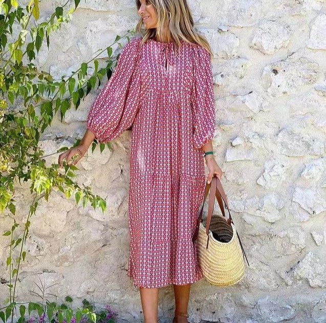 Autumn Dresses for Print Ruffles Loose Long Dress Office Beach Style V Neck Vestidos