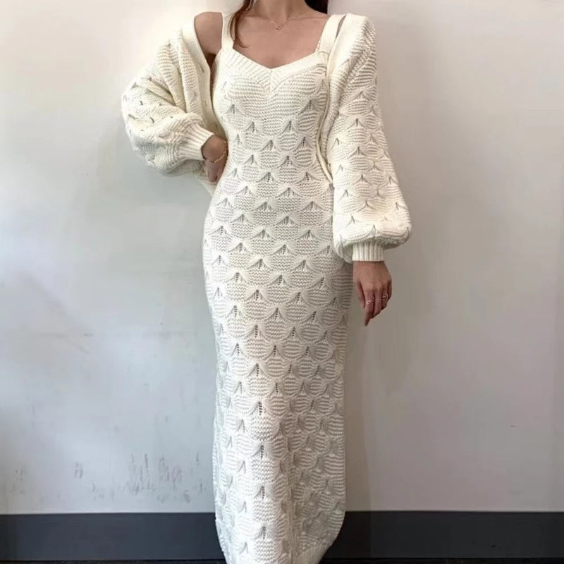 Sweet Hot Girl Suit Autumn and Winter Singlebreasted Lantern Sleeve Knitted Cardigan Slim Strap Dress Twopiece Set