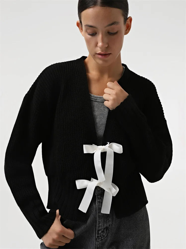 Autumn Knit Sweater Cardigan for Tee Bow Hollow Out Ribbed Patchwork Lace-up Top Female Knitwear Cardigan