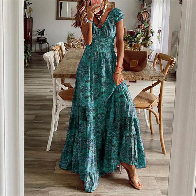 Print Long Dresses V-neck Elastic Waist Short Sleeves Vacation Style Dress Female Vestidos