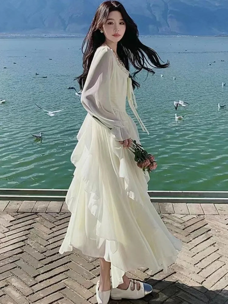 Irregular Ruffles Long Dress New Autumn Square Collar Beach Vocation Korean Female Vestidos New