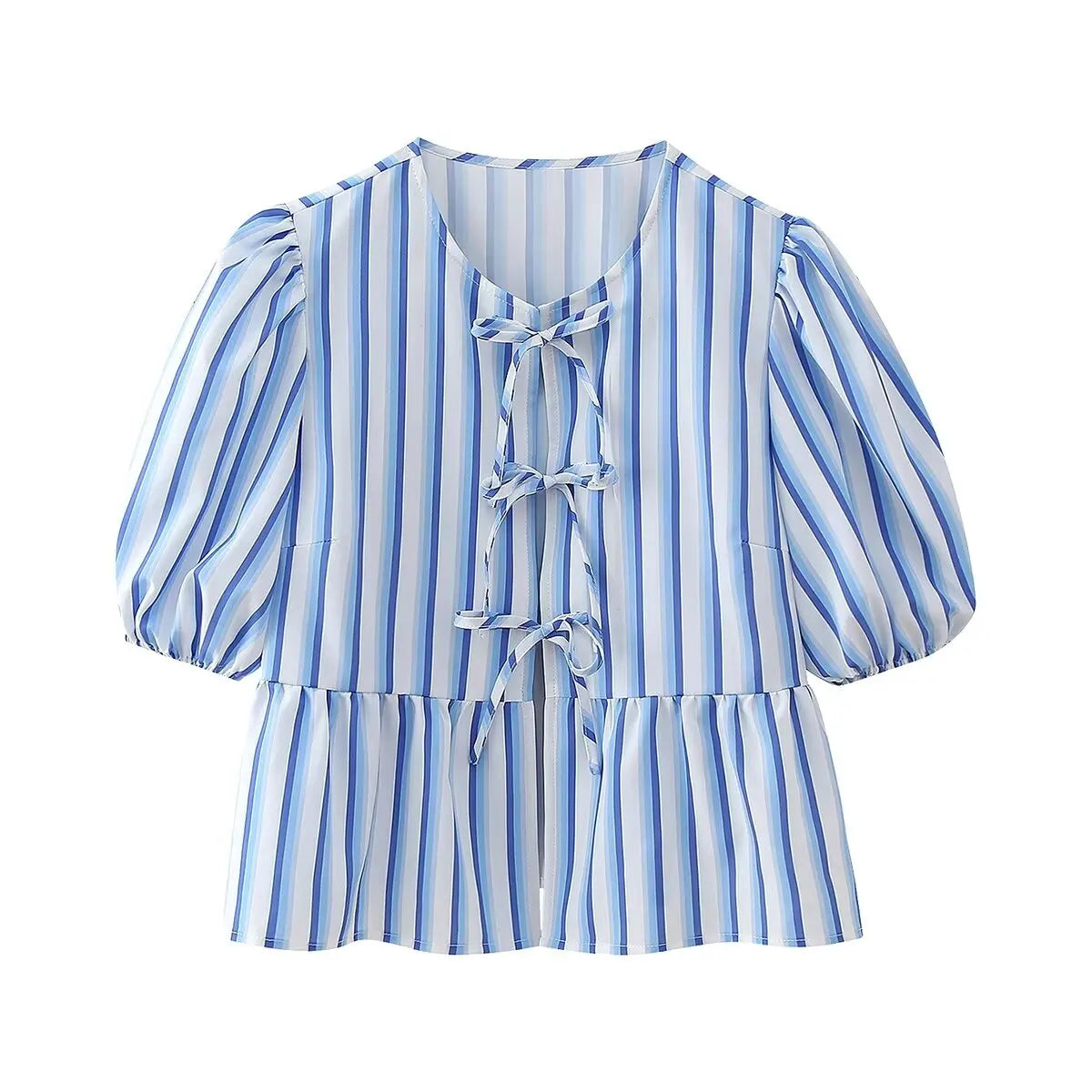 Summer Printed Cropped Shirts Top Puff Short Sleeves Round Neck Blouse Female Laceup Tshrit