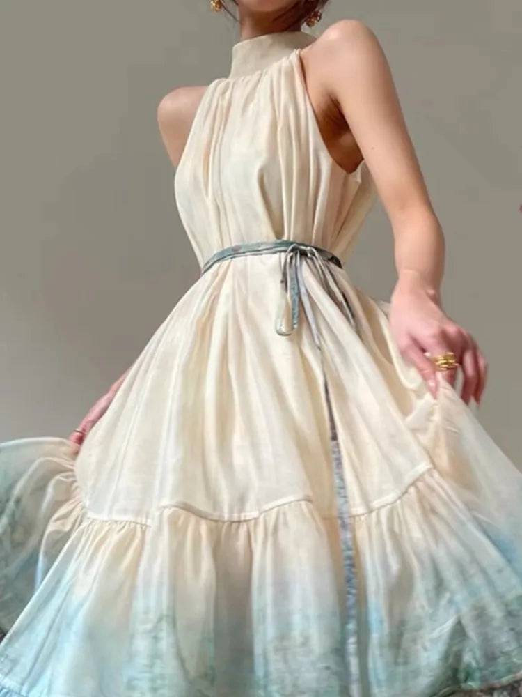 Summer Print Midi Dress Sleeveless Aline Pleated Party Birthday Dresses Female Clothes Robe New