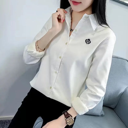 Very Thick Winter Style Blouses Shirts Lady Long Sleeve Turn-down Collar Velvet Blusas Tops Df3161