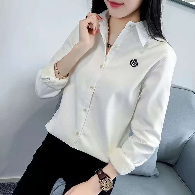 Very Thick Winter Style Blouses Shirts Lady Long Sleeve Turn-down Collar Velvet Blusas Tops Df3161