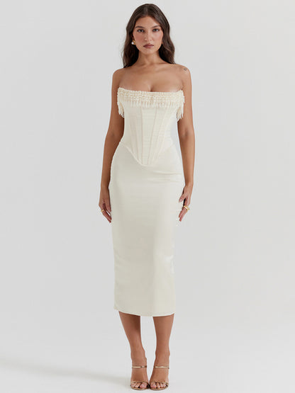 Pearl Tassel Midi Dress for Party Outfits Off-shoulder Strapless Backless Bodycon Club Dress