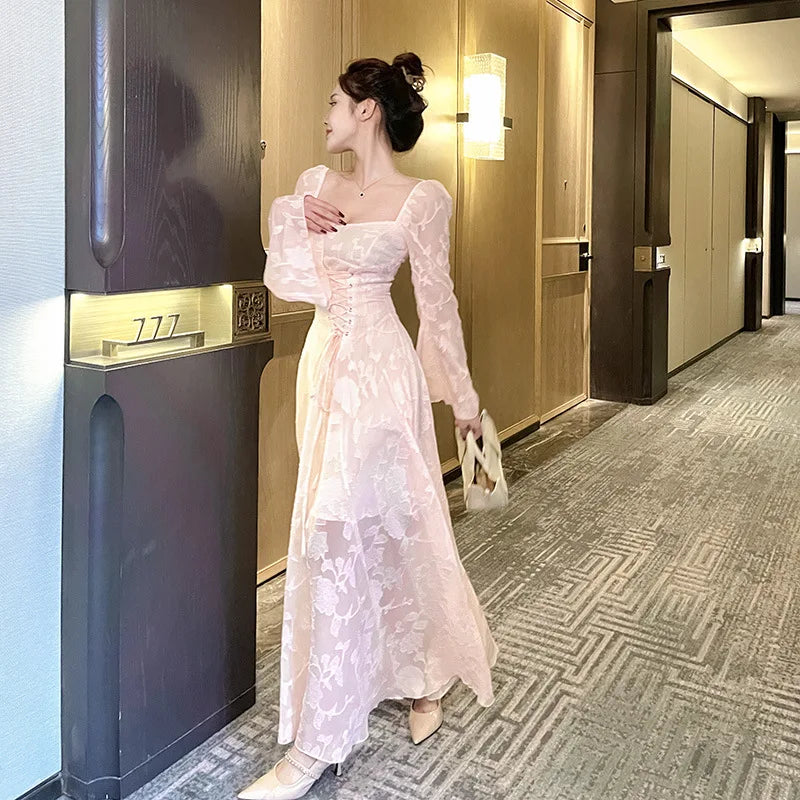 Pink Vestidos Mujer Spring Autumn Ins Dresses Sweet Aline Beach Style Long Dress