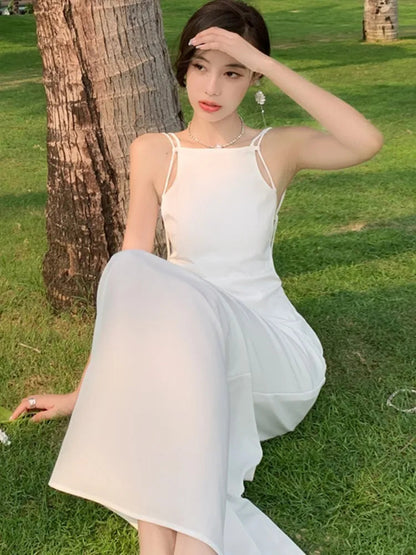 French Style White Dresses Slash Neck Sleeveless Evening Party Long Dress Summer Holiday Robe Female Clothing New