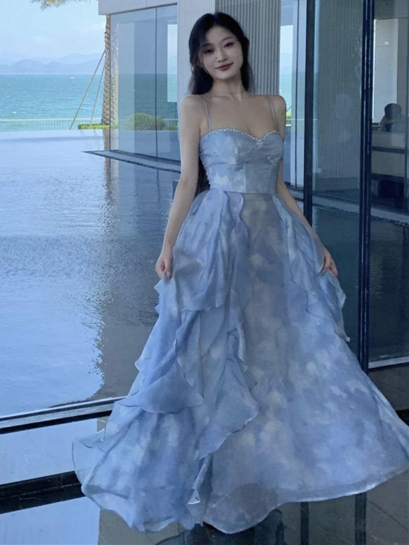 New Summer Long Dresses for Spaghetti Strap Korean A-line Ruffles Beach Style Party Dress One Piece Vestido Mujer