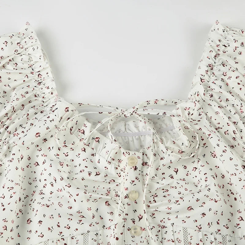 Print Ruched Aline Blouse French Style Singlebreasted Short Sleeve Top Slimming Tieup Collar Shirts