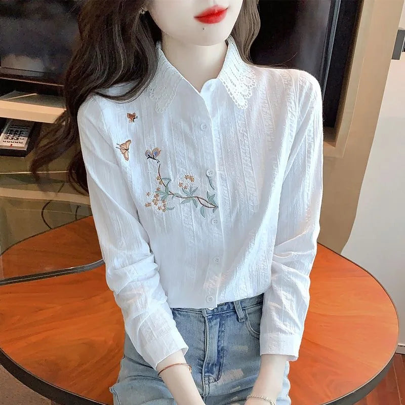 Embroidery Spring Autumn Blouses Shirts Lady Long Sleeve Turn-down Collar Color Blusas Tops Df4775