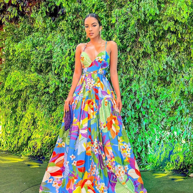 Color Flower Print Spaghetti Strap Evening Dresses Temperament V-neck Backless Beach Vacation Party Long Dress Female