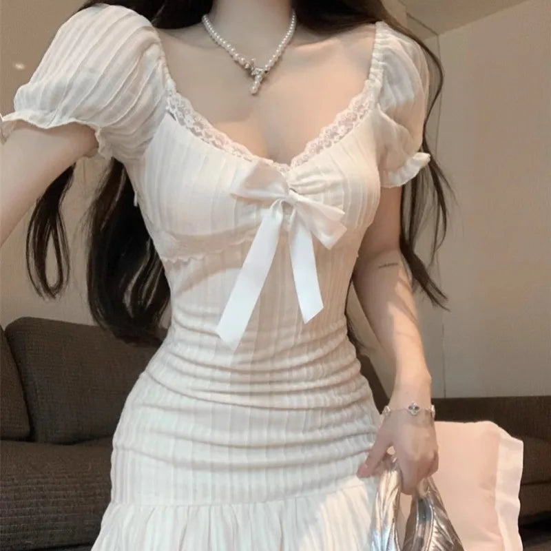 Ruffles Puff Sleeve Mini Dresses Y2k Spring Summer Vestidos Mujer Korean Bows Dress