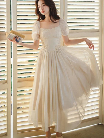 French Bubble Sleeves Dresses Summer Square Collar Evening Party Prom Sweet Chiffon Long Dress