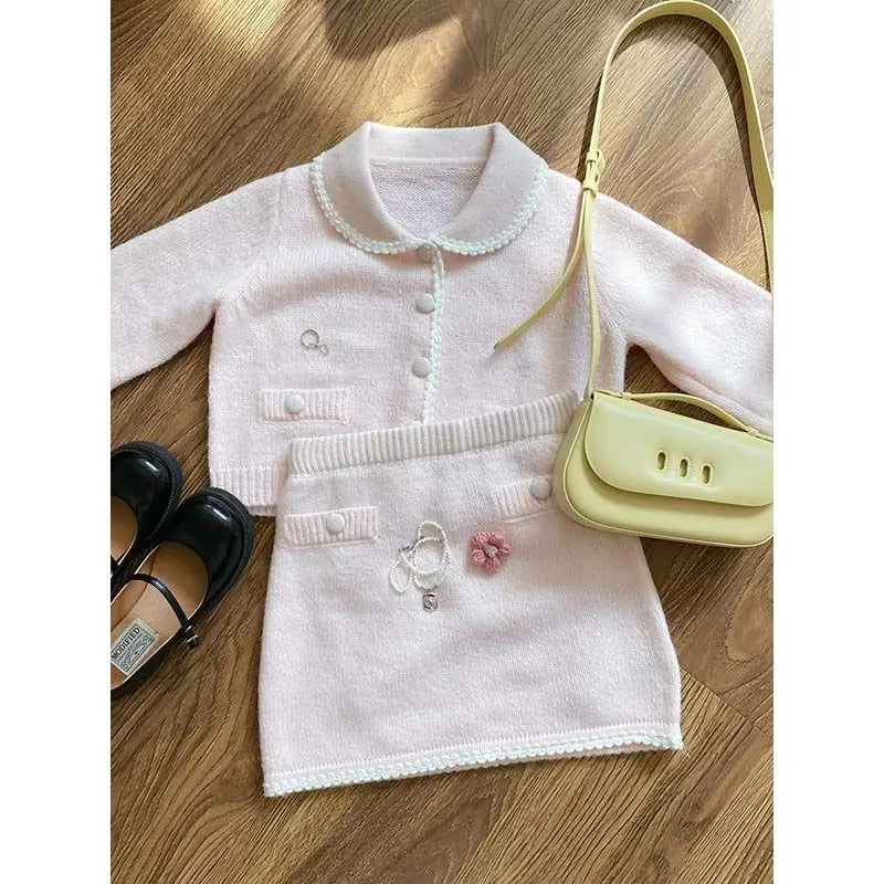 Sweet Hot Girl Suit Autumn Turndown Collar Knitted Cardigan High Waist Wrap Hip Skirt Twopiece Set Female Clothes