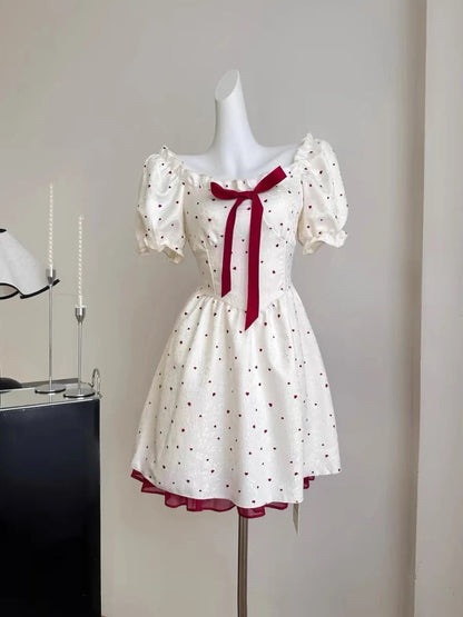 Summer New Sweet Mini Dresse French Square Collar Princess Bow Short Sleeve Dress Party Dresses Vestidos