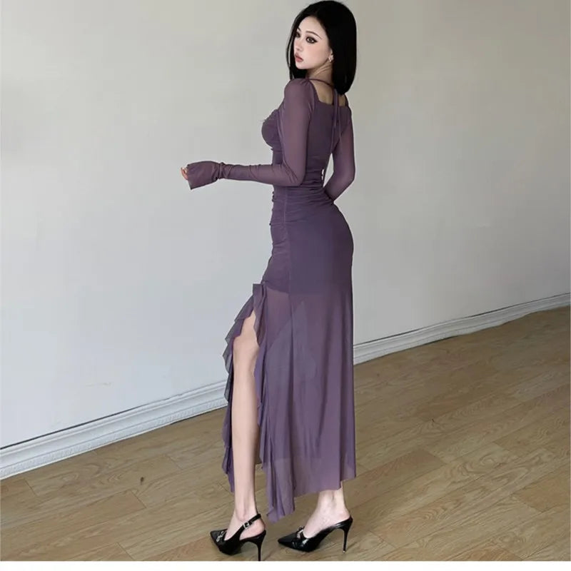 High Slit Bodycon Midi Dresses for Square Collar Long Sleeve Slim Evening Party Dress Club Prom Robe Y2k Vestidos New