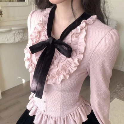 Shirts Sweet Bow Bandage Ruffles Patchwork Long Sleeve Button Slim Crop Tops Spring Female Blouse