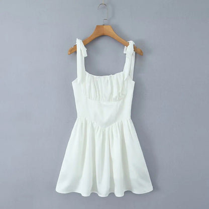 Pleated Design Tie-up Sleeveless Summer Dresses Color Slim Fit Mini Dress Simple Party Dress