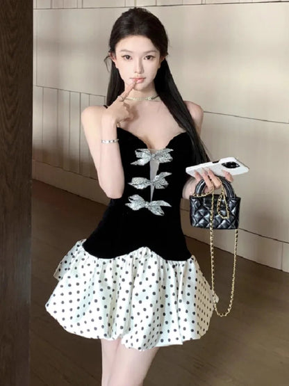 Dresses Bow Rhinestone Sweet Satin Patchwork Velvet Sleeveless V Neck Backless Mini Dress Party Female