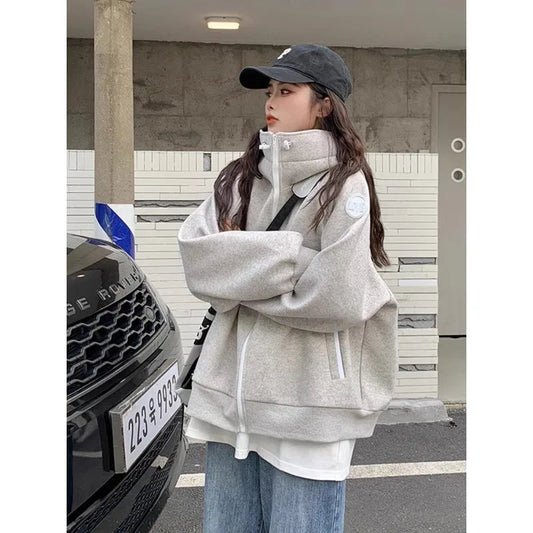 Sporty Hooded Longsleeved Sweatshirt Jacket for Autumn Stand Collar Loose Zippered Top Female Clothes