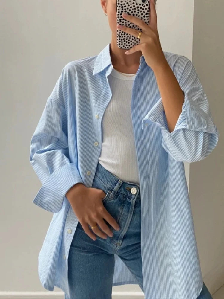 Autumn Striped Blouses for Basic Turndown Collar Long Sleeve Shirt Female Blouses
