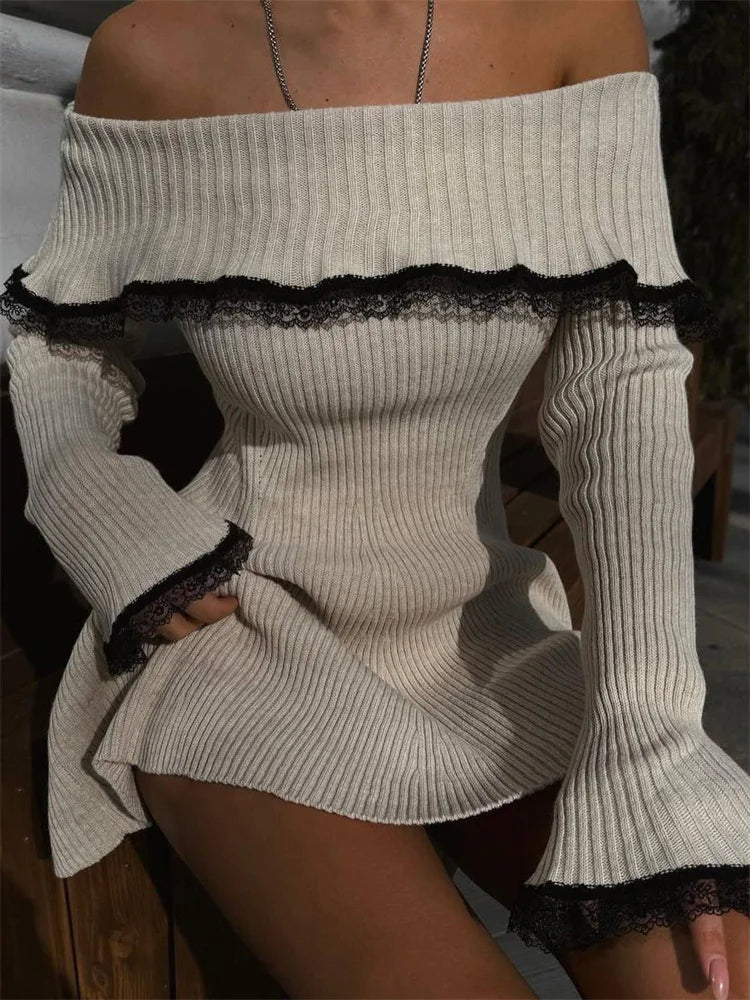 Knit Off-shoulder Sweater Mini Dress Lace Patchwork Ribbed Slim Backless Party Dress Knitwear Mini Dress