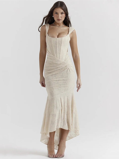 Backless Pleated Maxi Dress for Off-shoulder Spaghetti Strap Sleeveless Bodycon Club Party Dress