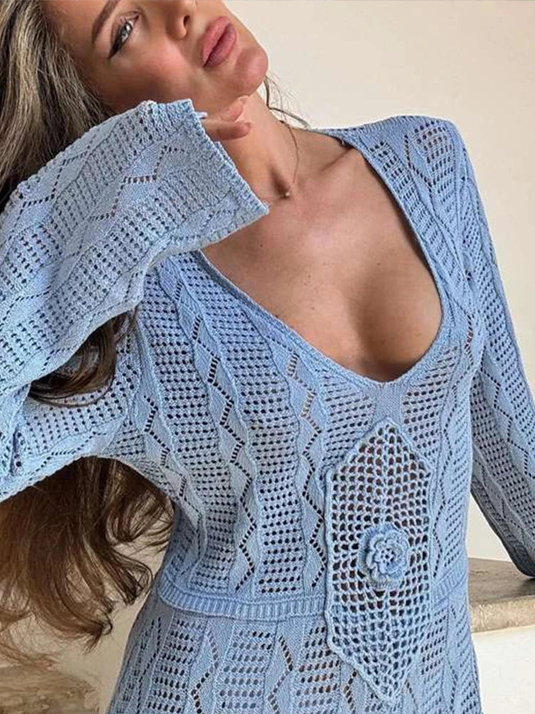 Knit Long Dress Slim Round Neck Hollow Vestidos Female Autumn Lady Holiday Beach Robe