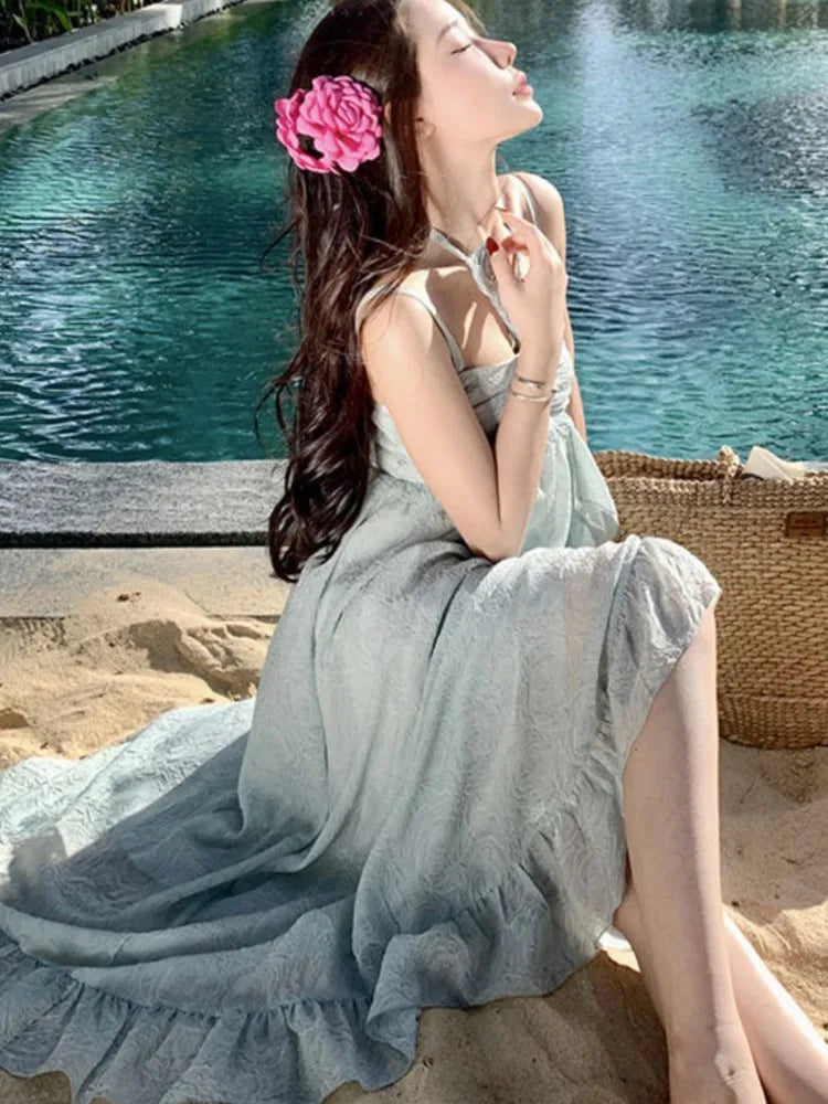 Korean Fairycore Midi Dress for Sweet Spaghetti Strap Halter Ruffles Birthday Party Dresses Summer Holiday Beach Vestidos