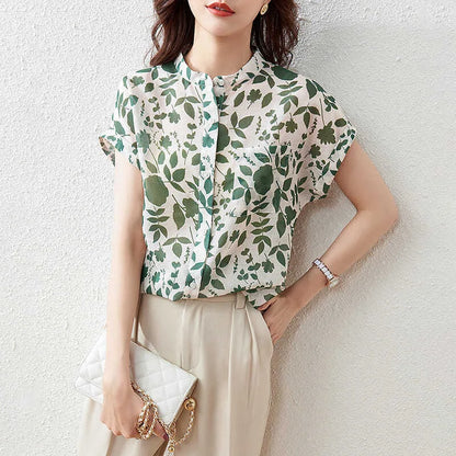 Summer Style Blouses Tops Lady Short Sleeve Stand Collar Flower Printed Blusas Tops Sp1498