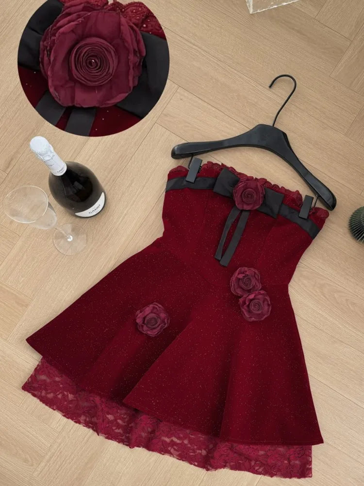 Y2k Sweet Mini Dress for Strapless Slash Neck Lace Patchwork Princess Party Dresses French Short Vestidos
