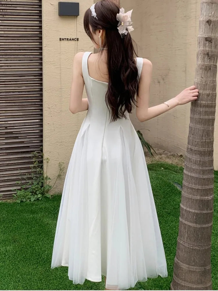 Summer Spring Fairy Dresses Mesh Patchwork Square Collar Sleeveless Evening Party Midi Dress Female Vestidos Robe