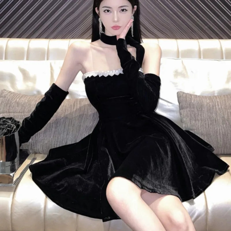 French Strapless Mini Dresses Lace Patchwork A-line Evening Party Dress Korean Y2k Mini Vestidos Mujer