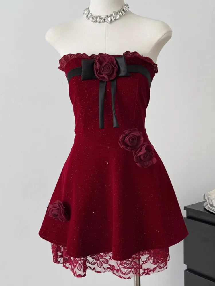 Y2k Sweet Mini Dress for Strapless Slash Neck Lace Patchwork Princess Party Dresses French Short Vestidos