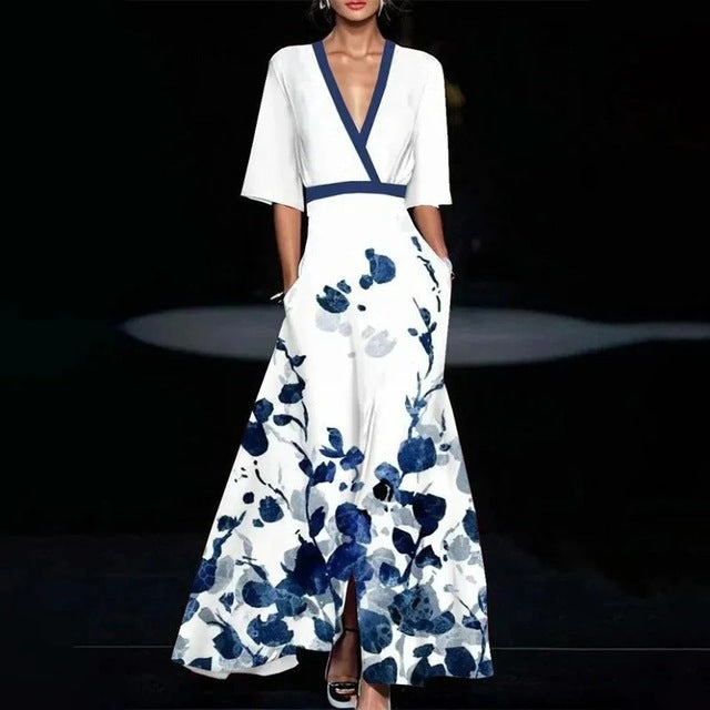 Print Party Long Dresses V-neck Half Sleeves Temperament A-line Evening Dress Female New Commuting Vestido