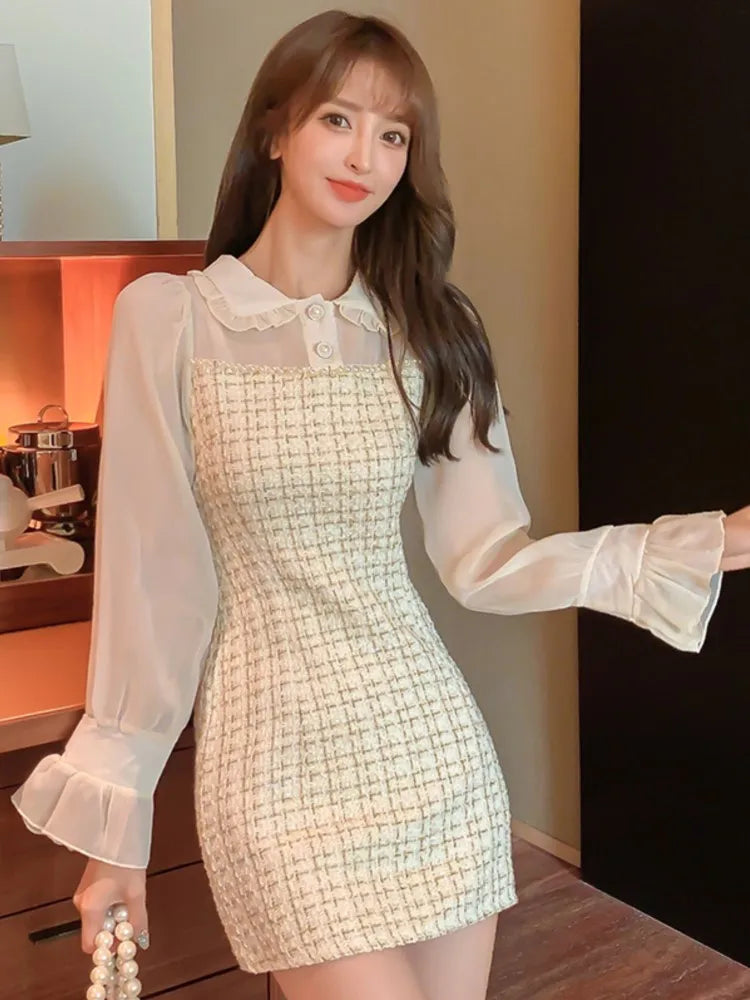 Plaid Mini Dress Sweet Flare Long Sleeves Chiffon Patchwork Birthday Party Short Dresses Female Clothing New